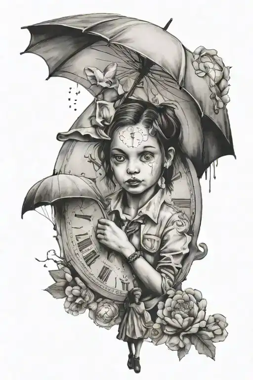 banksy girl with umbrella and Dali clock tattoo design idea