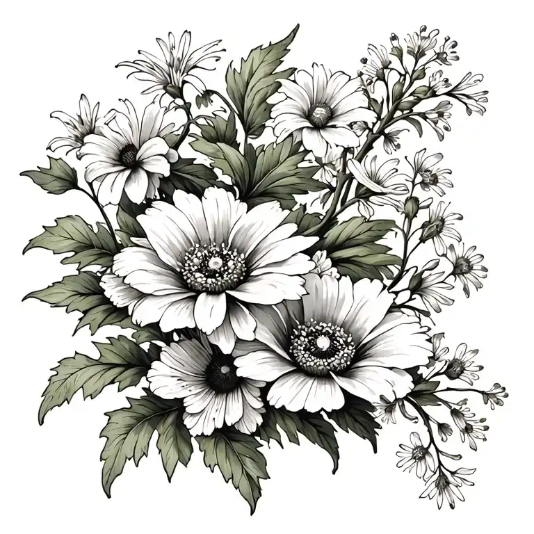 Vine with lilly of the valey, chrysanthemum, marigold, edelweiss and poppy tattoo design idea