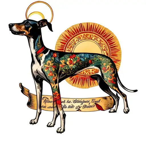 Greyhound fullbody with a religious halo tattoo design idea