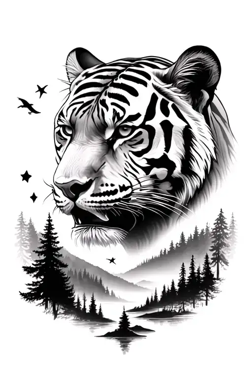 tiger head facing straight ahead, with a forest landscape below, 4 small stars or bird sillouettes tattoo design idea