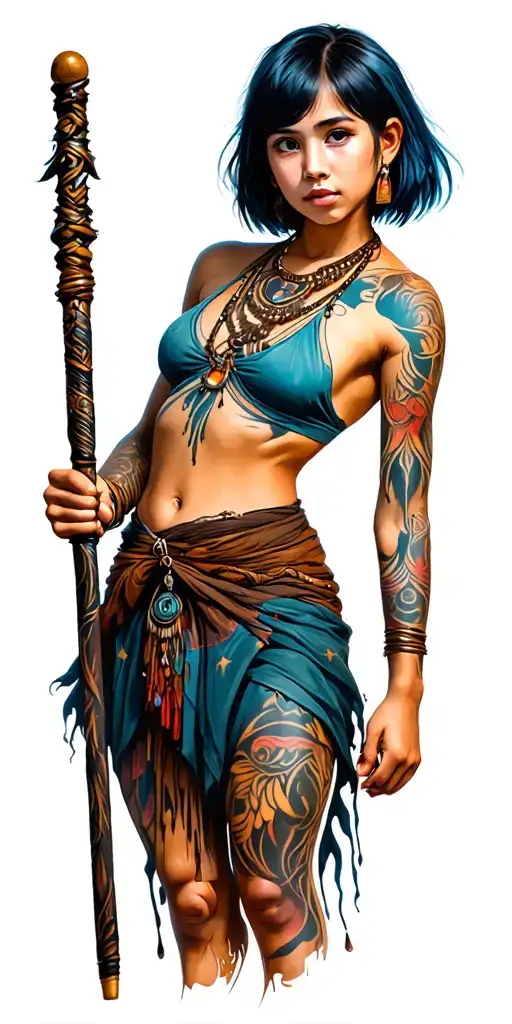 tribal girl with short hair holding staff tattoo design idea
