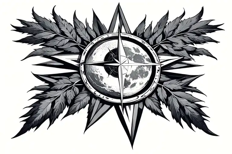 the moon and compass of the wind rose in symmetrical lines, perhaps leaves or stars tattoo design idea