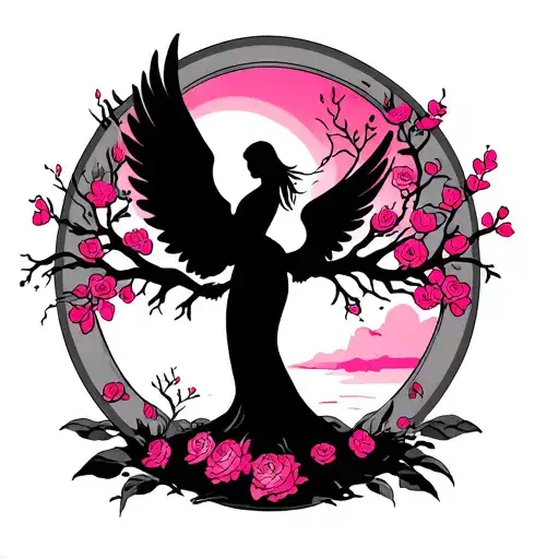 Tree of life with pink and travel sign of maternity and swallow wing angel tattoo design idea