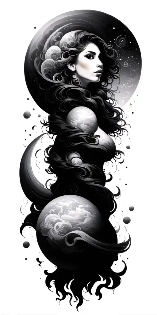 spiral, swirl, clouds, planet, space, time, woman tattoo design idea