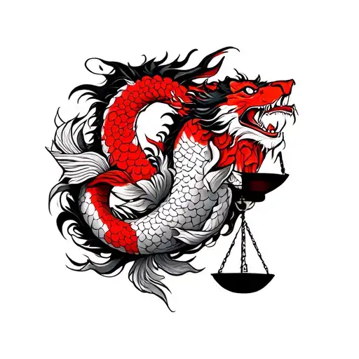 a half lower arm tatoo with koi dragon and lion and with law balance justice with color red and black combination japane tattoo design idea