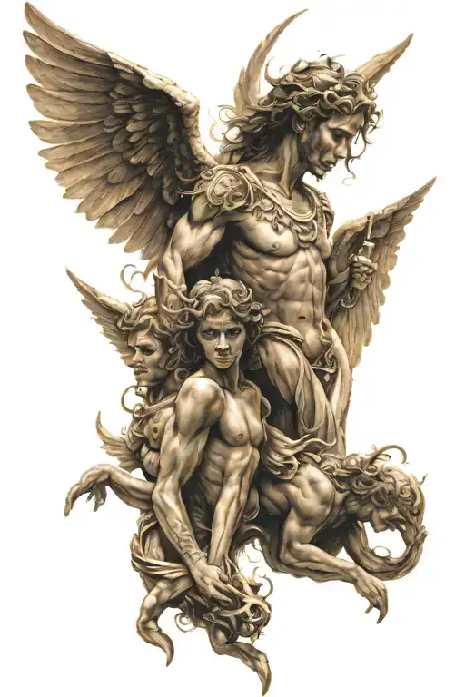 Angels in sepia above, with striking faces, pierce demons below tattoo design idea