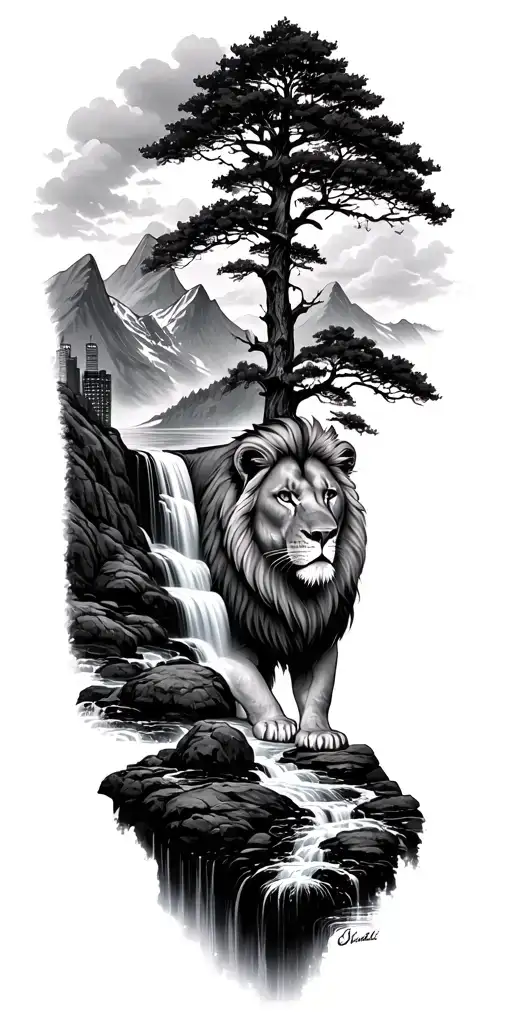 skyline with mountains waterfall tree and lion tattoo design idea