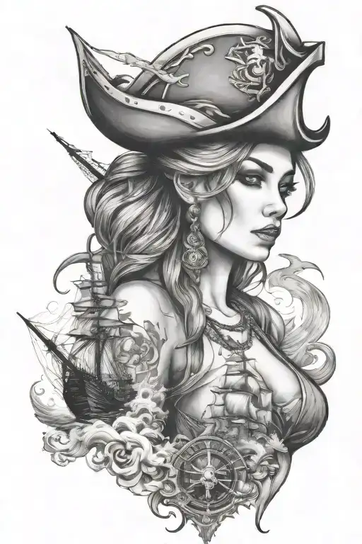 pirates and ships and beautiful woman tattoo design idea