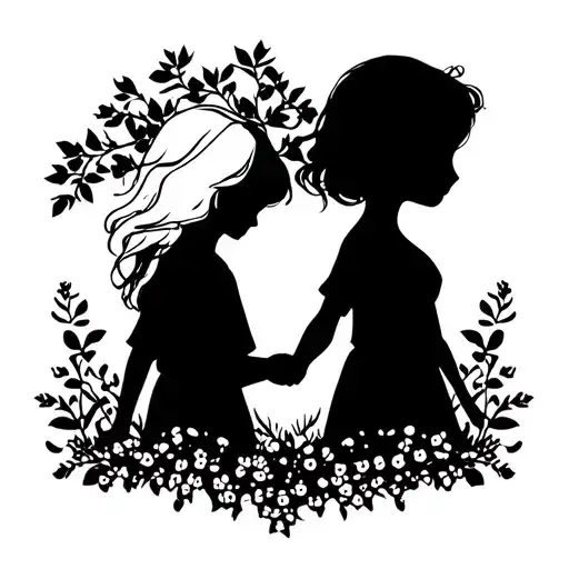 granddaughter silhouette holding hands, girl with dark hair, woman with white hair, hawthorn tree, nature tattoo design idea