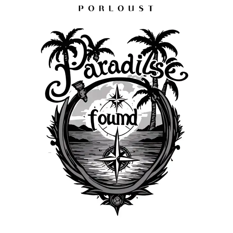 "Paradise found" palm trees and compass intertwined tattoo design idea