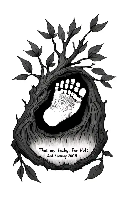 willow tree with baby's foot print with name in the leaves tattoo design idea