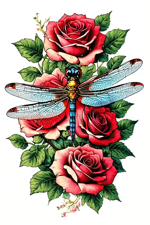 dragonfly and roses intertwined tattoo design idea