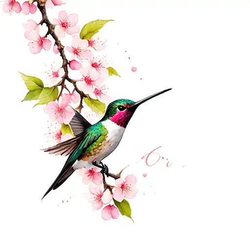 In a watercolor style, give me a tattoo of a hummingbird surrounded by cherry blossoms  tattoo design idea