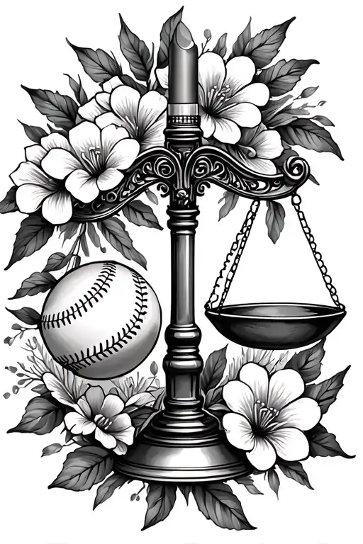 balanced scale, tube of lipstick on one side, softball glove on other side, cosmo flowers around it tattoo design idea