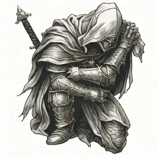 Crée moi cette image  “A black-and-white illustration of a Templar knight with a hood, kneeling in a dynamic and gritty  tattoo design idea