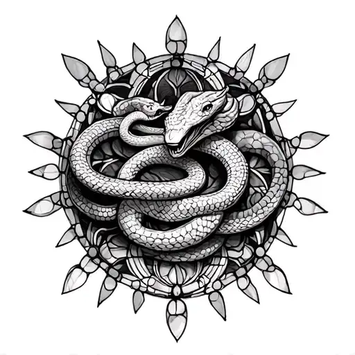 Snake entwined in a stained glass mandala design incorporating tattoo design idea