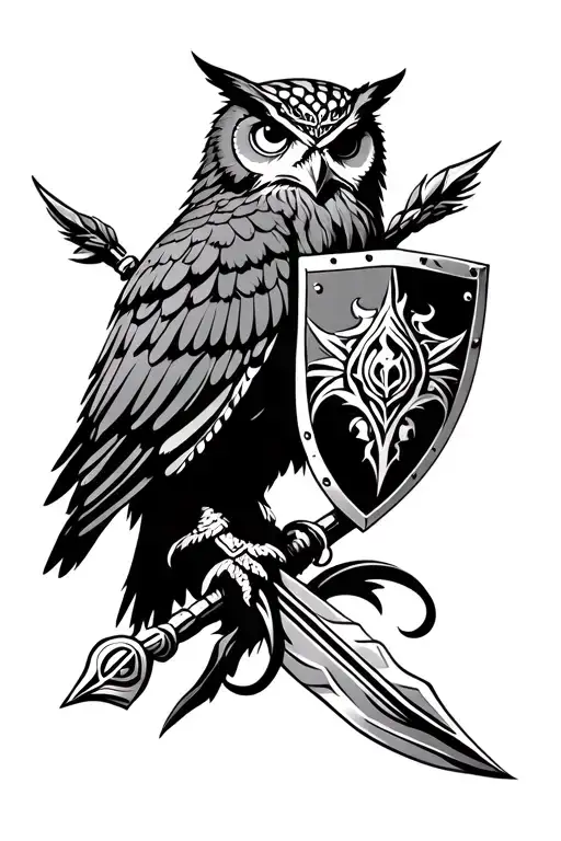 Athena's owl and spear and shield adorned with intricate tattoo design idea