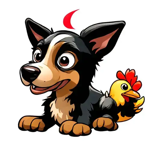 I'll help me design a tattoo. The tattoo is located on the outside of the upper arm. The style is Old school. A tattoo with an American cartoon style will have more exaggerated expressions, smooth lines and a vivid sense of dynamics. Can be designed like this: • Dog: Like a classic animated character, with big eyes, exaggerated expressions, maybe a little naughty or angry, and is "fighting" with the chicken, tattoo design idea