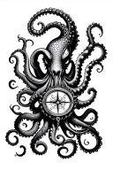 angry kracken octopus in ocean with nautical compass in middle with tentacles out wide with waves tattoo design idea