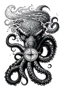 angry kracken octopus in ocean with nautical compass in middle with tentacles out wide with waves tattoo design idea