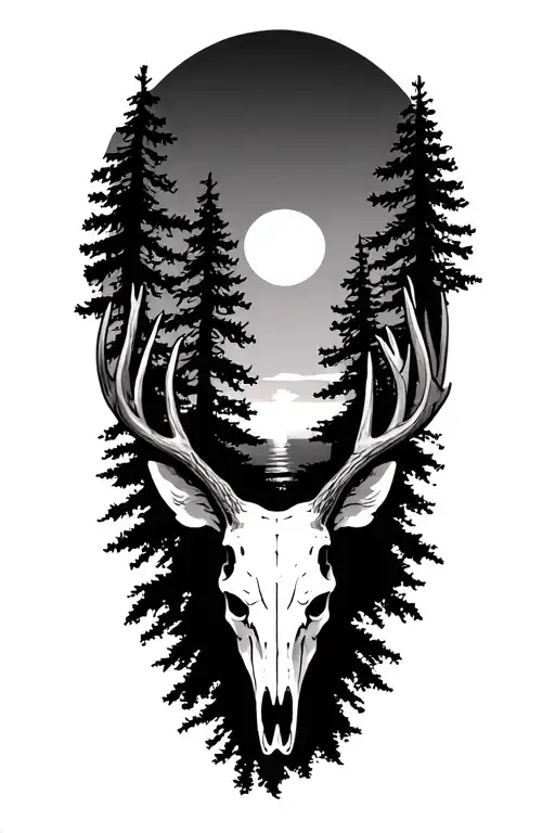 elk skull, pine trees, sunset tattoo design idea