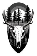 elk skull, pine trees, sunset tattoo design idea