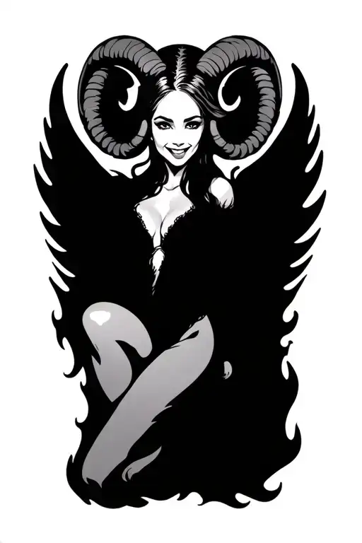 aries zodiac sign sexy smiling female wings fire surrounded tattoo design idea