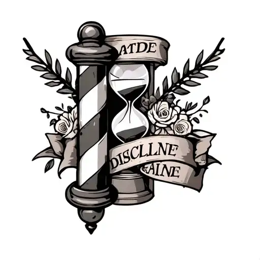 Barber pole, hourglass, and word discipline tattoo design idea
