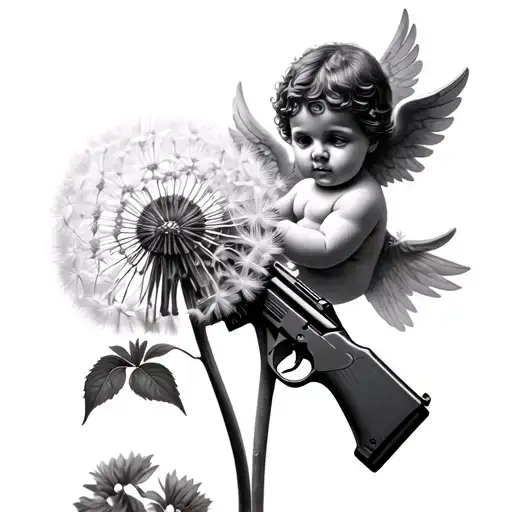 dandelion flower and the cherub shooting ak47 tattoo design idea