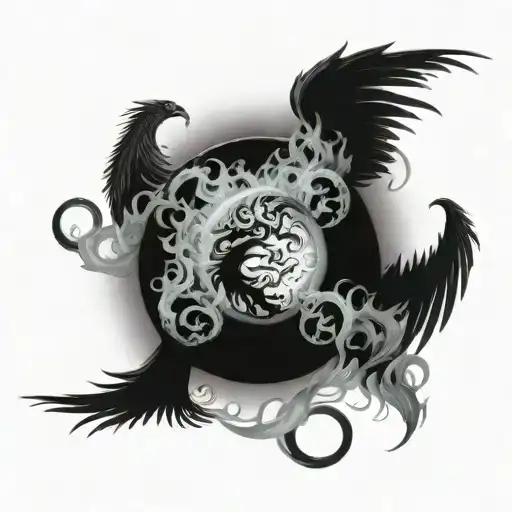 Magic circle, engulfed by Flames. Between the Flames are Dragonscales, and below the Flames Feathers tattoo design idea