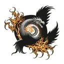 Magic circle, engulfed by Flames. Between the Flames are Dragonscales, and below the Flames Feathers tattoo design idea