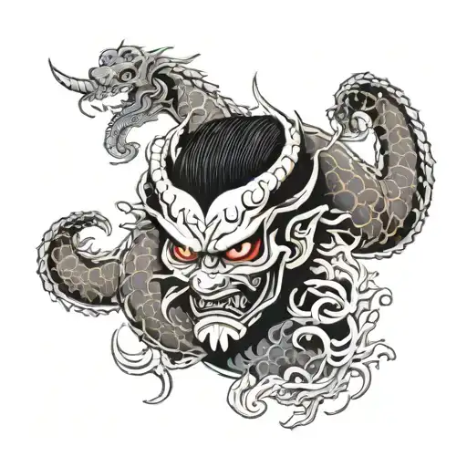 Neo Japanese style full arm sleeve with an hannya mask on the shoulder and a dragon in the forearm tattoo design idea