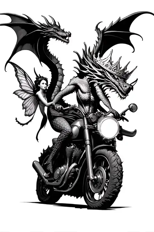 dragon protecting a crown from a fairy riding a motorbike tattoo design idea