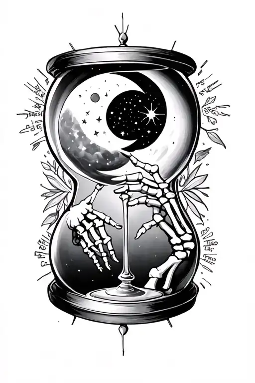 "Even the stars can’t stop us" , sun and moon, Skeleton hands reaching to touch each other. encased in a hour glass tattoo design idea