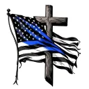 rustic cross draped with American flag thin blue line tattoo design idea