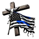 rustic cross draped with American flag thin blue line tattoo design idea