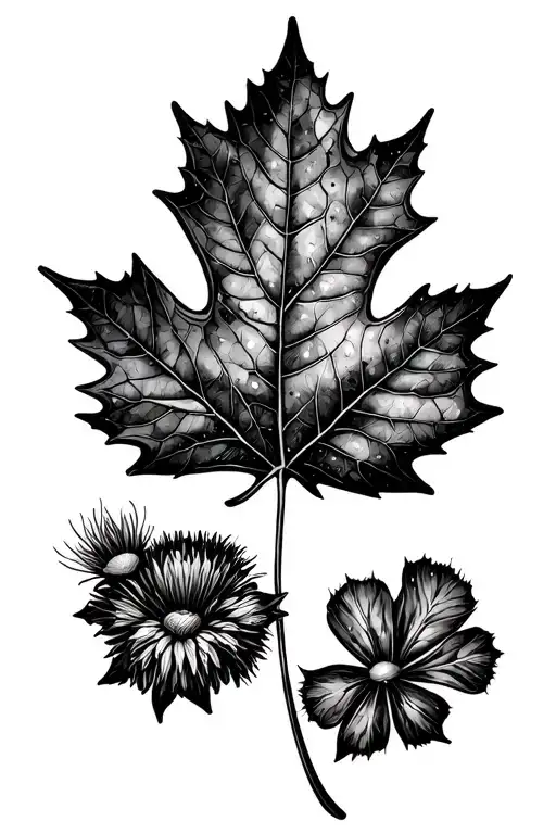 large maple leaf with small clover and thistle at the base tattoo design idea