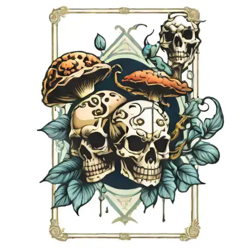 tarot card featuring skulls and mushrooms  tattoo design idea