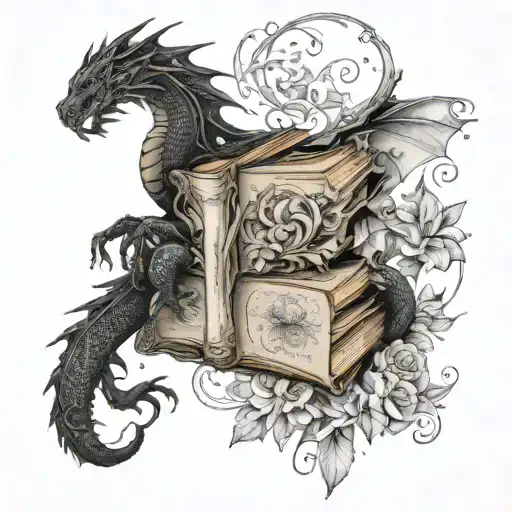 old books winged  black dragon, wind and stars,  word's, light & butterflies, flowers and leafy vines curling outward tattoo design idea