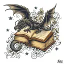 old books winged  black dragon, wind and stars,  word's, light & butterflies, flowers and leafy vines curling outward tattoo design idea