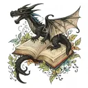 old books winged  black dragon, wind and stars,  word's, light & butterflies, flowers and leafy vines curling outward tattoo design idea