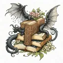 old books winged  black dragon, wind and stars,  word's, light & butterflies, flowers and leafy vines curling outward tattoo design idea