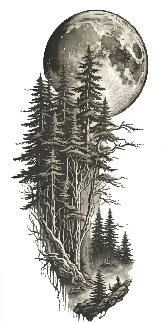 massive forest landscape with huge moon in the background  tattoo design idea
