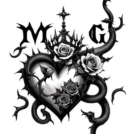 "M G" Gothic-style heart entangled with thorns, topped with a crown, four roses, and two angry snakes with Gothic-style letter tattoo design idea