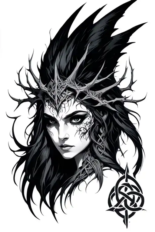 morrigan goddess face with Celtic Knot and thorns tattoo design idea