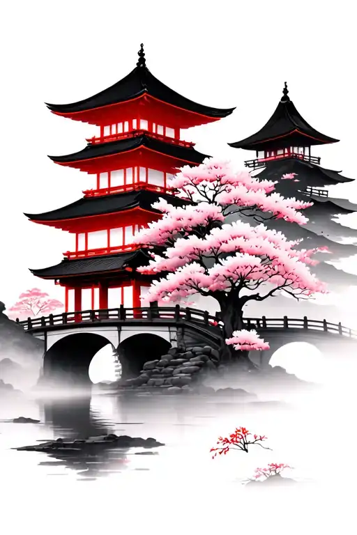 Japanese misty temple with bridge and Sakura flowers that are red  tattoo design idea