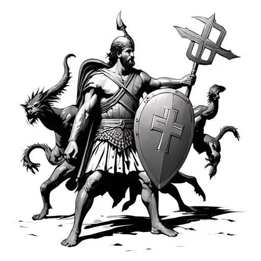 Greek ancient soldier holding a Greek Orthodox shield fighting demons from the front of him that are attacking  tattoo design idea