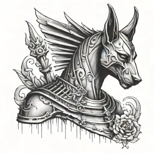 Sketch of a sleeve tattoo, from the shoulder to the wrist, Anubis is depicted on the shoulder, further to the wrist skulls, bones, skeletons tattoo design idea