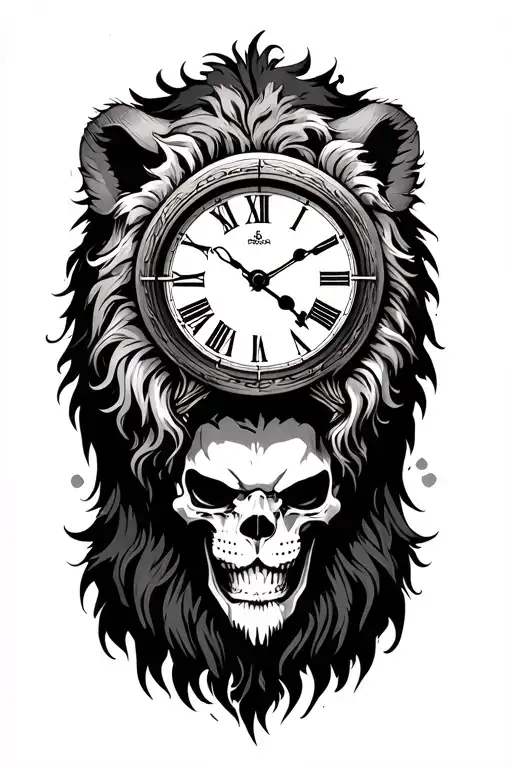 grim reaper clock and lion tattoo design idea