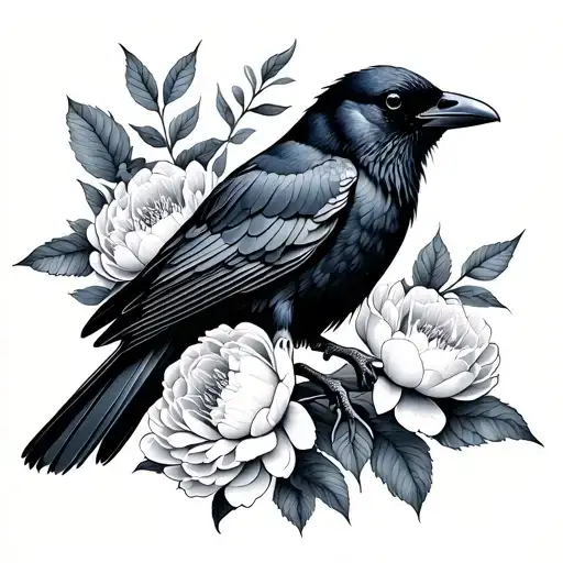 crow and peonies  tattoo design idea